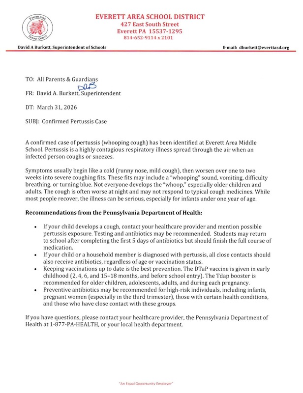 Pertussis (Whooping Cough) case identified at Everett Area Middle School