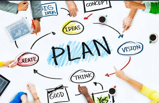 Plan: ideas, creat, goo, vision in a circle surrounding the word plan