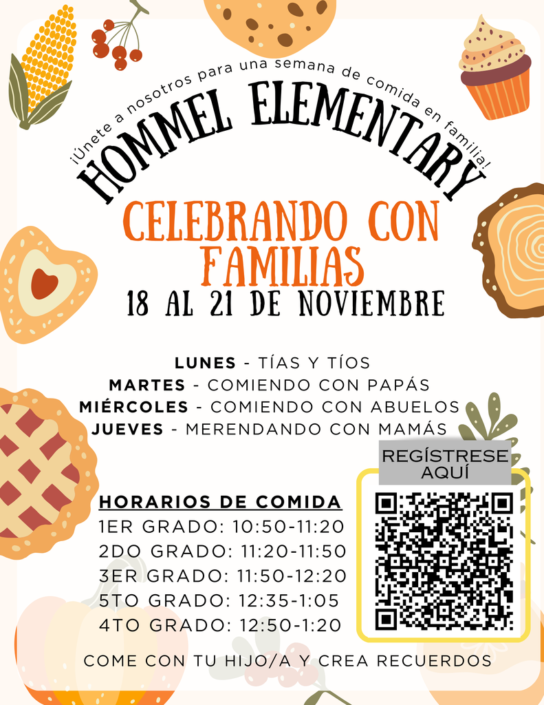 Don’t forget to sign up to join your child for lunch during Feasting with Families at Hommel Elementary! Check the flyer for your designated day and meal time, and scan the QR code to register.