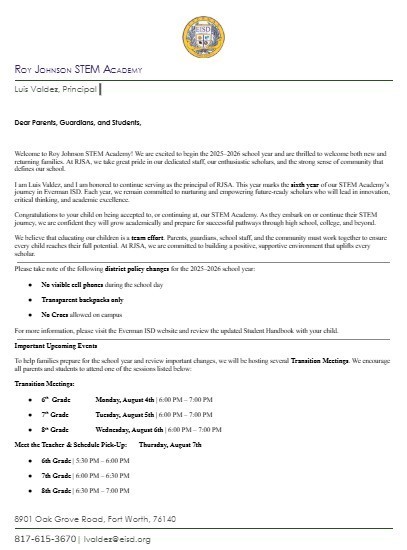 Roy Johnson STEM Parent Letter