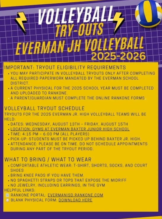 Volleyball Try-Outs Everman JH Volleyball 2025-2026 