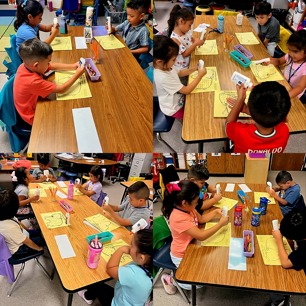 students working at tables with glue