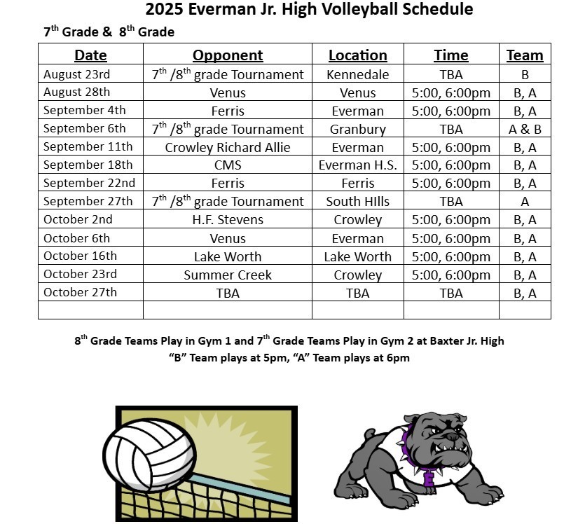 2025 Everman Jr. High Volleyball Schedule