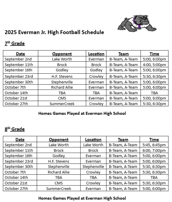 2025 Everman Jr High Football Schedule