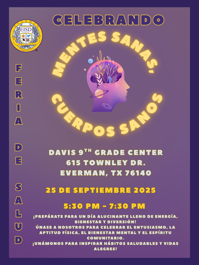 Spanish:  Save the Date:  Come out and celebrate at the Healthy Minds, Healthy Bodies Health Fair.  Thursday, September 25th from 5:30-7:30. #EISDALLIN