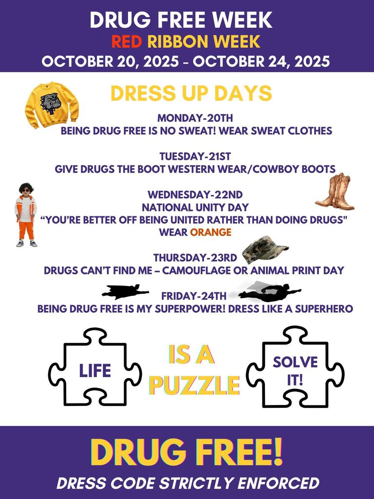 EISD will observe Drug Free Week from October 20th to October 24th. See the flyer for districtwide "Dress-up days!"