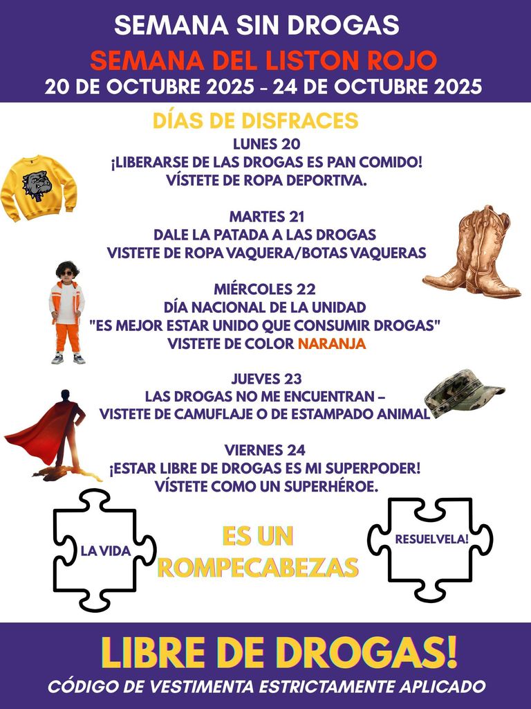 EISD will observe Drug Free Week from October 20th to October 24th. See the flyer for districtwide "Dress-up days!" Spanish