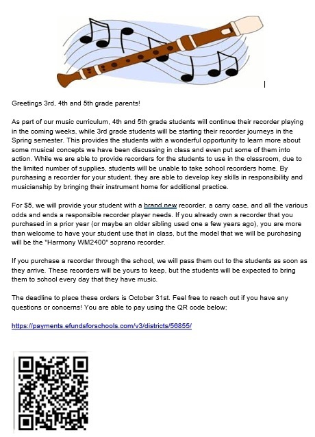As part of our music curriculum, 4th and 5th grade students will continue their recorder playing in the coming weeks