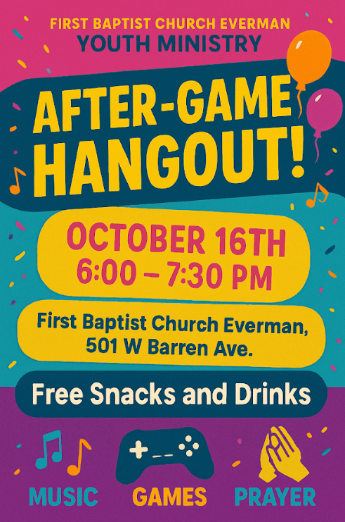 After Game Hangout! October 16th 6-7:30pm Free Snack and Drinks