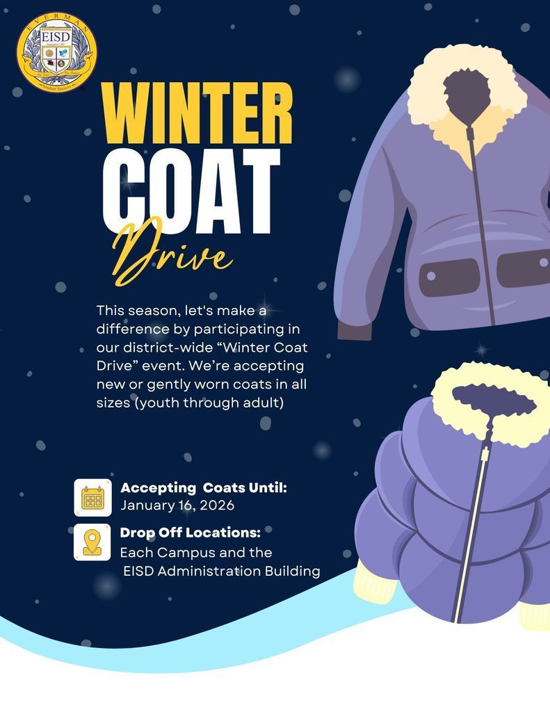 🧥❄️ EISD Winter Coat Drive is Underway! ❄️🧥 This season, let’s come together to support our Everman ISD students and families. We’re collecting new or gently worn coats in all sizes — from youth to adult. Your donation can make a meaningful difference and help keep our community warm this winter. 💙💛 📅 Accepting Donations Until: January 16, 2026 📍 Drop-Off Locations: • Any EISD Campus • EISD Administration Building Thank you for helping us spread warmth this season! 💖 #EvermanISD #CommunityStrong #WinterCoatDrive #EISDGives #WarmHeartsWarmCoats