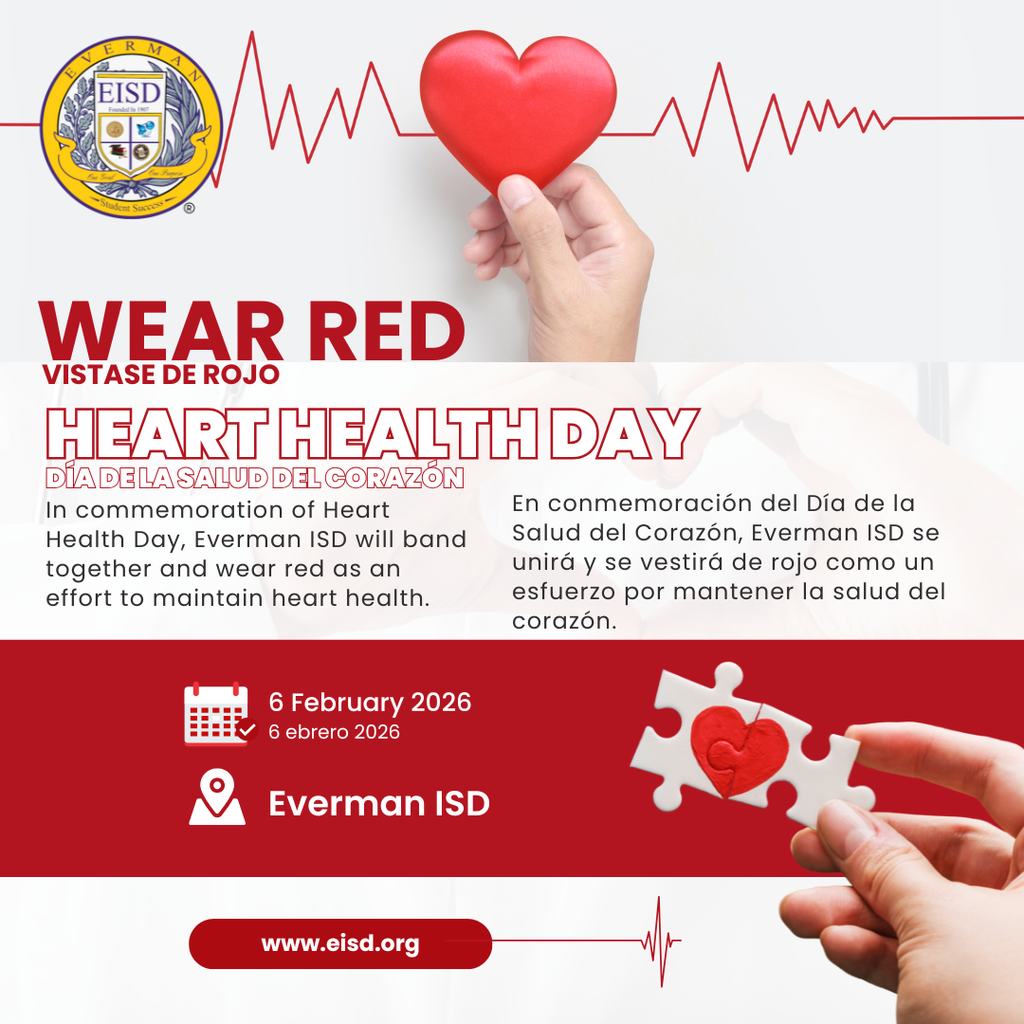 Hello EISD Team,  On Friday, February 6, 2026, we invite all staff and students to wear red in support of National Wear Red Day and to help raise awareness about heart health.  Wearing red is a simple but powerful way to bring attention to cardiovascular disease and encourage healthy heart habits within our community.  Thank you in advance for participating and helping us make an impact.  #EISDALLIN #WearRedDay