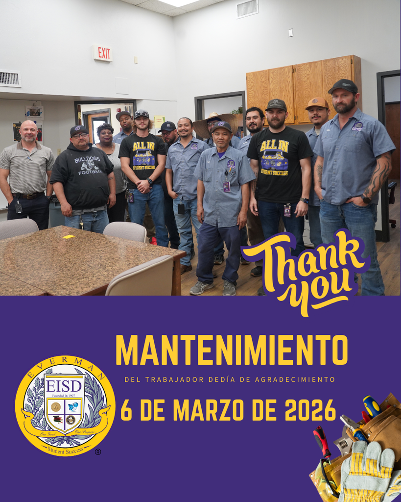 🛠️💙 Maintenance Workers Appreciation Day 💙🛠️ Everman ISD celebrates our Maintenance team for keeping our schools safe, clean, and running smoothly every day. Your hard work behind the scenes makes learning possible—thank you! 👏 #EvermanISD #ThankYouMaintenance #EISDProud