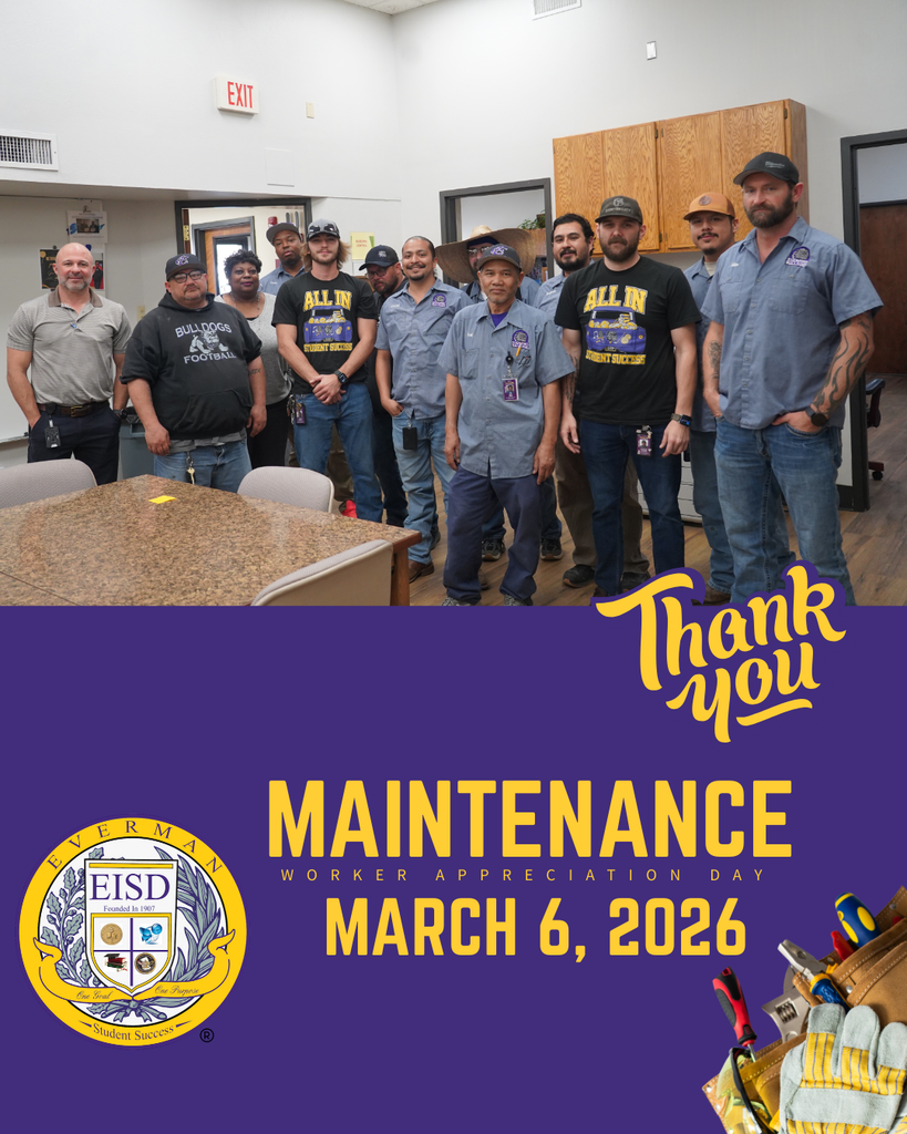 🛠️💙 Maintenance Workers Appreciation Day 💙🛠️ Everman ISD celebrates our Maintenance team for keeping our schools safe, clean, and running smoothly every day. Your hard work behind the scenes makes learning possible—thank you! 👏 #EvermanISD #ThankYouMaintenance #EISDProud