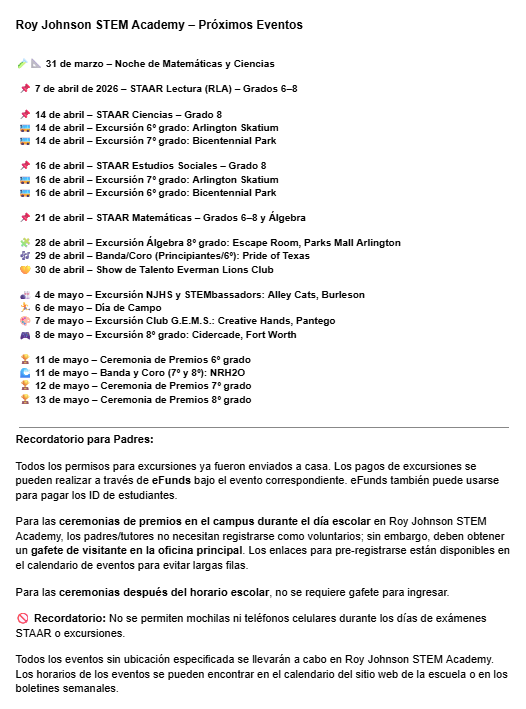 Roy Johnson STEM Academy - Upcoming Events