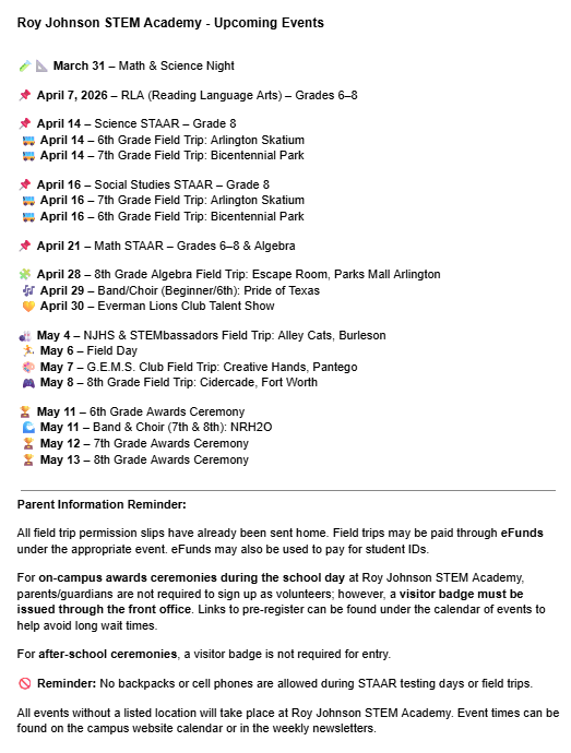 Roy Johnson STEM Academy - Upcoming Events