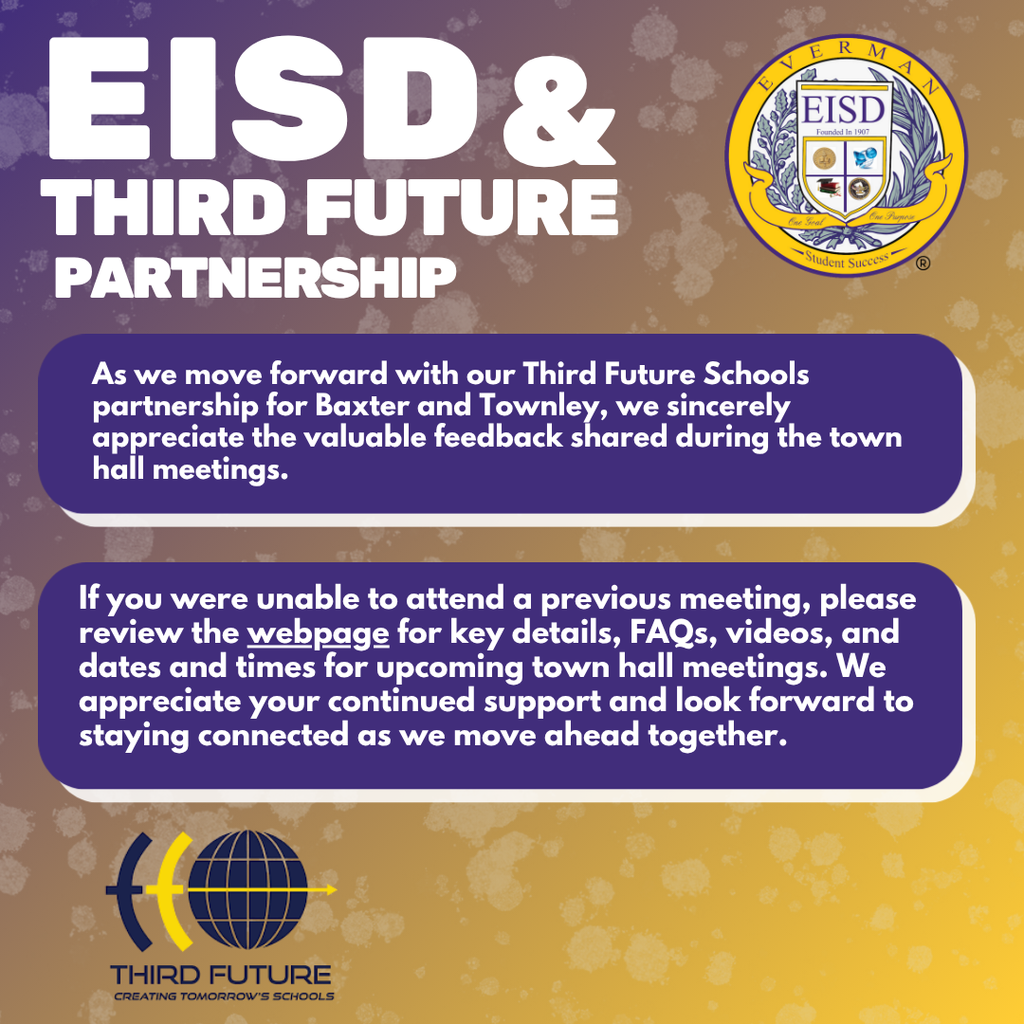 Hello Parents, Please check out Third Future Partnership with Everman ISD information page on: https://www.eisd.org/page/faq-third-future-schools Thank you, EISD
