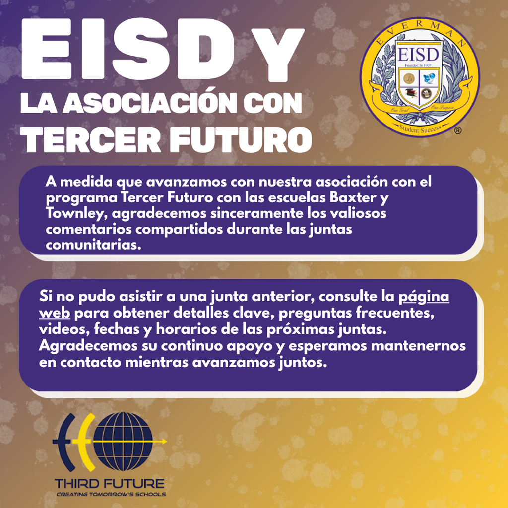 Hello Parents, Please check out Third Future Partnership with Everman ISD information page on: https://www.eisd.org/page/faq-third-future-schools Thank you, EISD