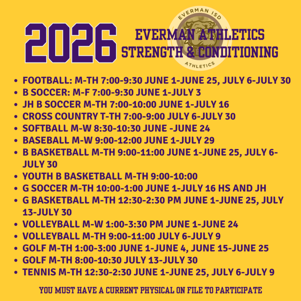 Everman Athletics Summer Strength & Conditioning, as well as Summer Camps, are right around the corner!  Please check SportsYou regularly for the most up-to-date schedules, workouts, practice changes, camp information, and announcements from coaches.  Be sure to join your team’s SportsYou group using the code provided by your coach or campus athletics department.  Reminder: A current physical must be on file in order to participate.