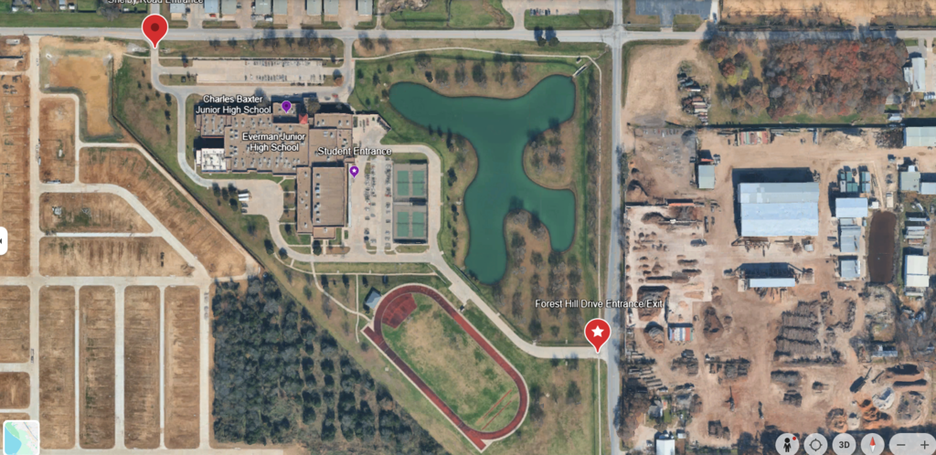 Cars/buses can enter Baxter from Shelby or Forest Hill Drive ( Red Points on the Map) They will turn between the tennis courts and the pond and drop off students at the back door ( Purple Point on the map) All vehicles will have to exit on Forest Hill Drive and take the Detour through the neighborhoods.