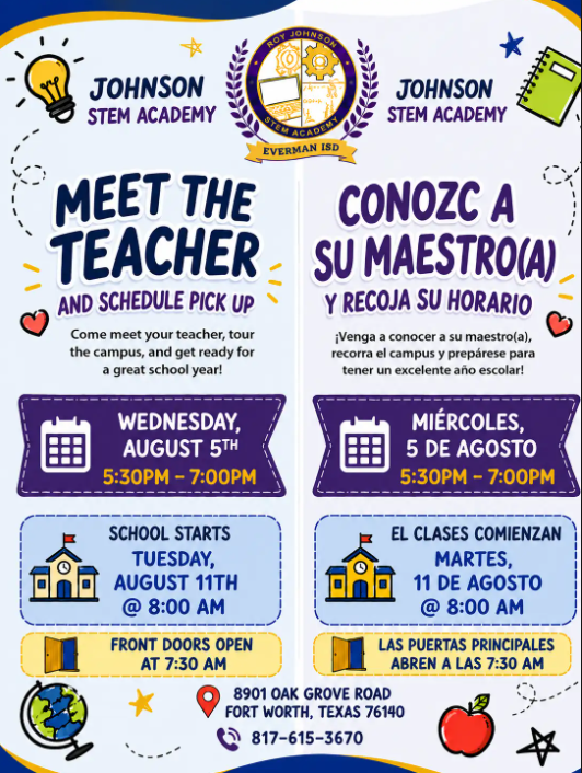 Meet the Teacher & Schedule Pick-Up Wednesday, August 5th 5:30PM-7:00PM