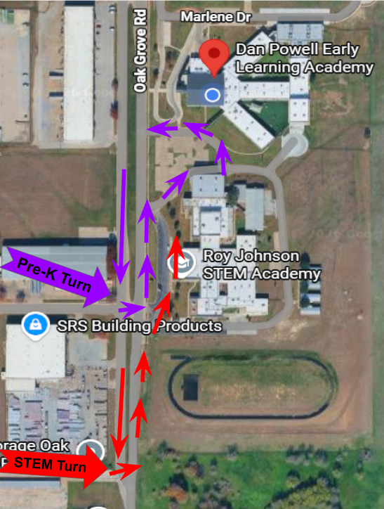 Car Rider Pickup Procedures!  STEM dismisses at 3:30 PM. To help avoid congestion, STEM families should approach Northbound on Oak Grove or use the 2nd U-turn past the track. Look for the red arrows for STEM entry! 