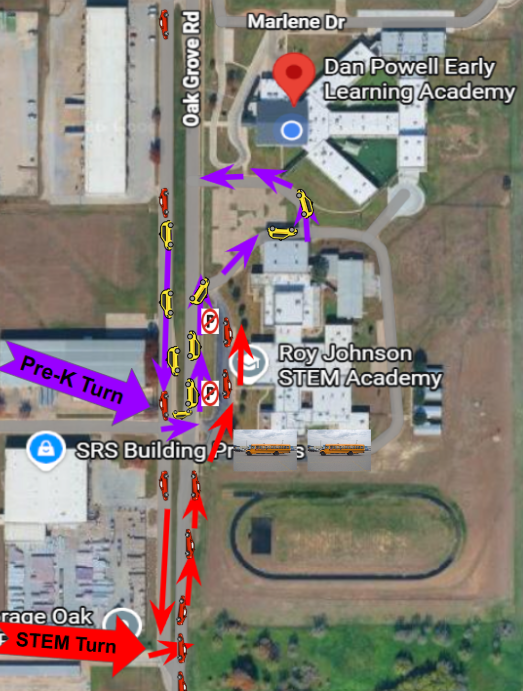 🔴 STEM Pickup | 3:30 PM 🚗 Please arrive no earlier than 3:25 PM. Use Northbound Oak Grove or the 2nd U-turn past the track. Follow the red arrows to the half-circle drive. 🚨 Student safety is our #1 priority—please use the designated pickup area and do not pick up students from the street. 🐾