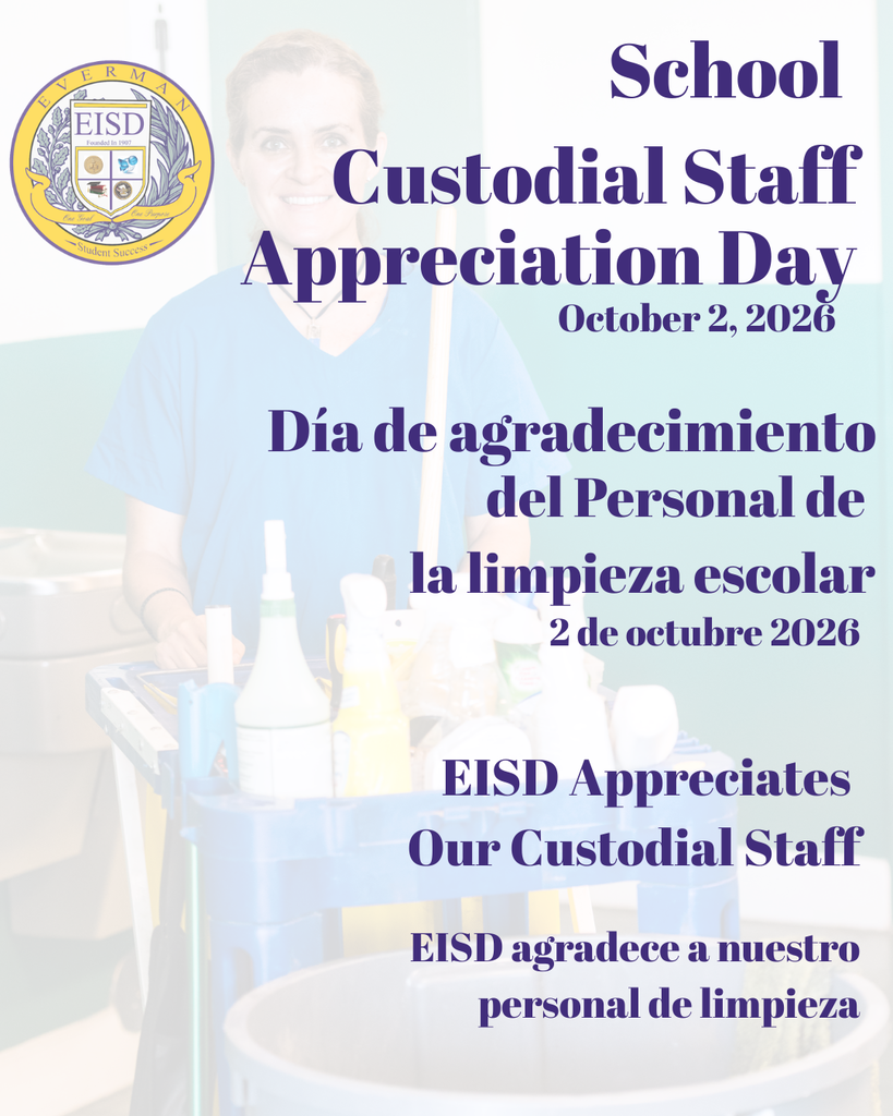 Today, Everman ISD proudly celebrates our incredible custodial staff! 🌟  Our custodians work tirelessly each day to keep our schools and facilities clean, safe, welcoming, and ready for learning. Their dedication and hard work make a difference for every student, staff member, and visitor who walks through our doors.