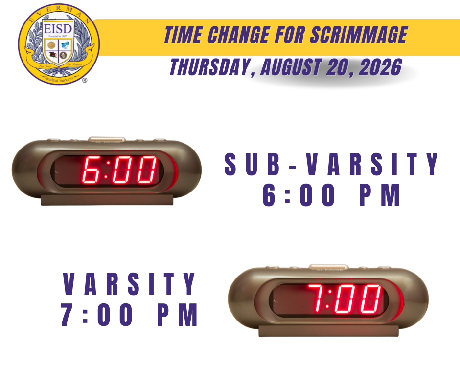 The football scrimmages for tomorrow have been pushed back to 6:00 for sub-varsity and 7:00 for varsity.