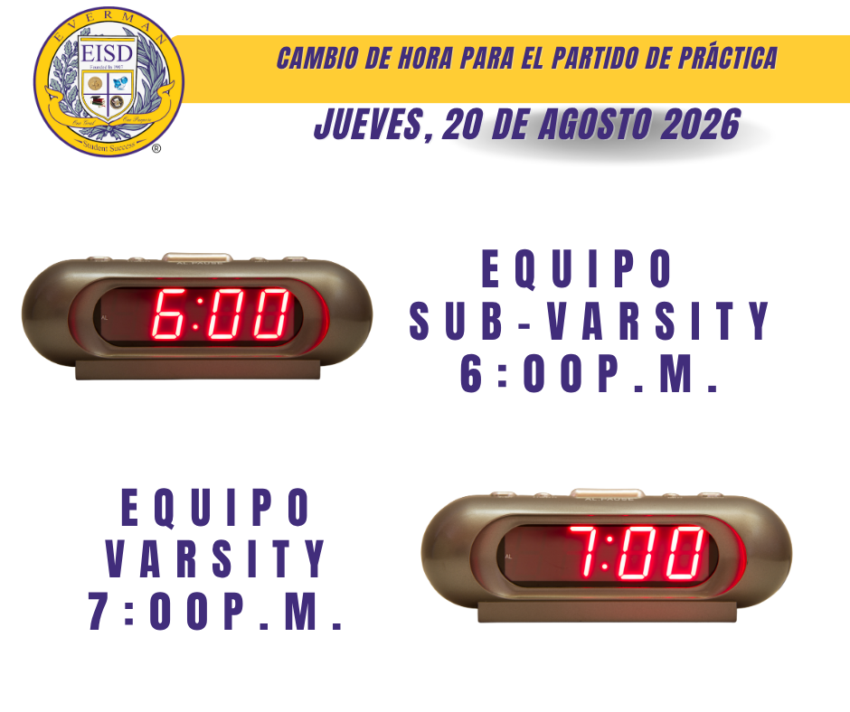 The football scrimmages for tomorrow have been pushed back to 6:00 for sub-varsity and 7:00 for varsity. Spanish