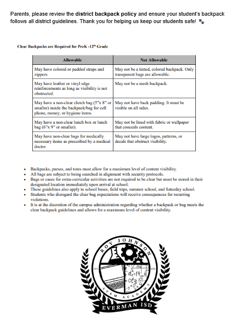 EISD Backpack policy
