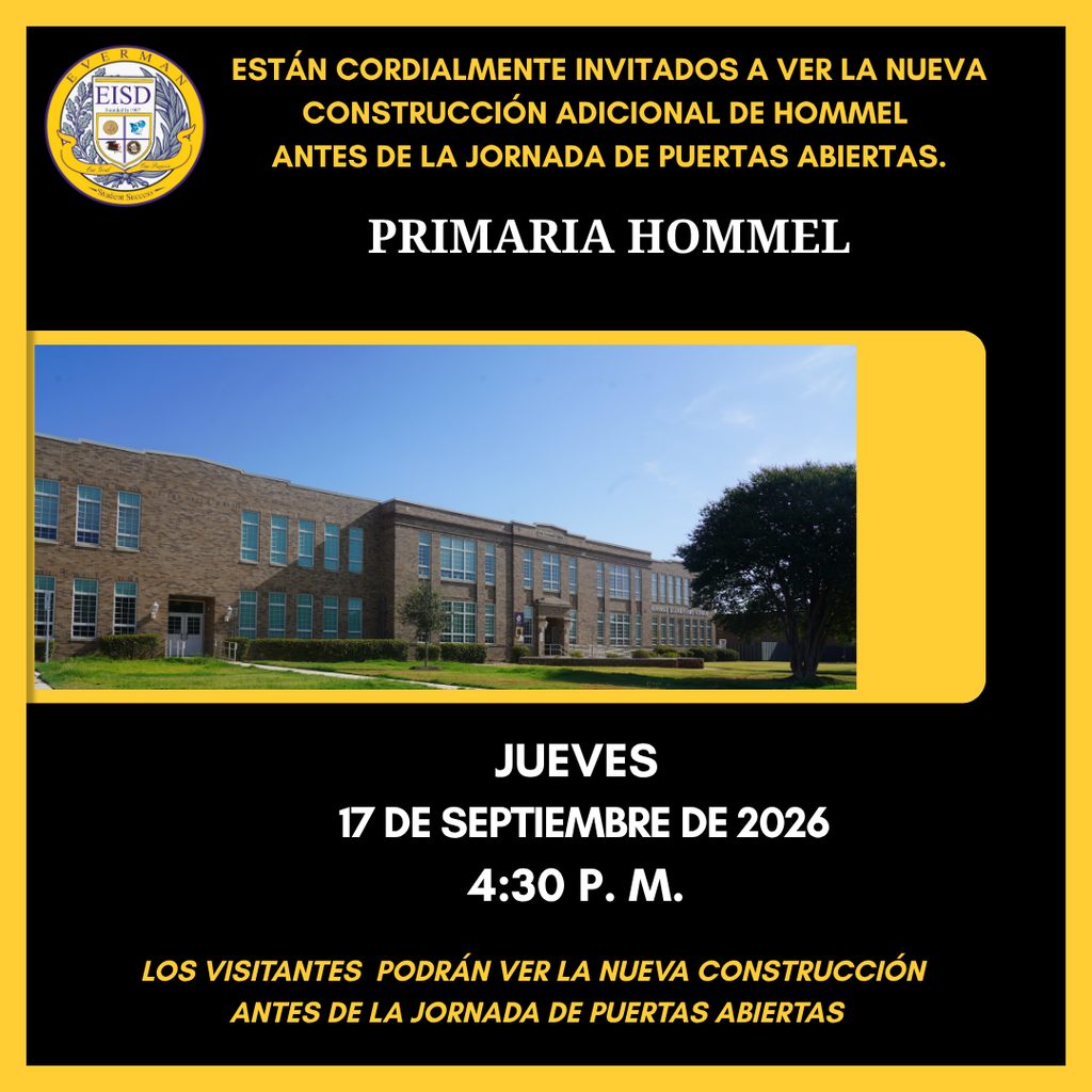 You’re Invited to a Special Preview at Hommel! Exciting things are happening at Hommel Elementary, and we can’t wait to show you what’s new! 🎉 Join us on Thursday, September 17, for an exclusive opportunity to preview the new construction additions BEFORE Open House!
