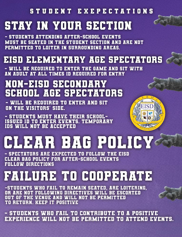 Student Expectations ... Stay in your Section ... EISD Elementary Age Spectators ... Non-EISD Secondary School Age Spectators ... Clear Bag Policy ... Failure to Cooperate...Students who fail to contribute to 