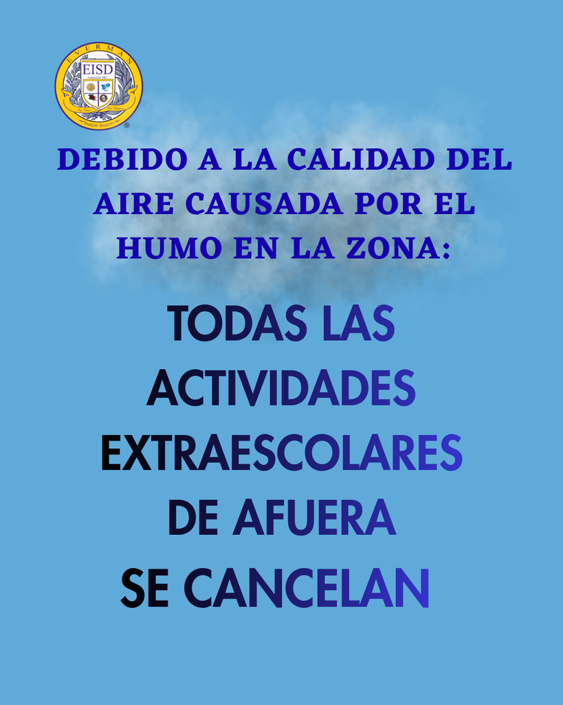 Due to the poor air quality caused by smoke in the area, all outdoor activities will be moved indoors until further notice. We will continue to monitor air quality conditions and provide updates as needed. The health and safety of our students and staff remain our top priority.
