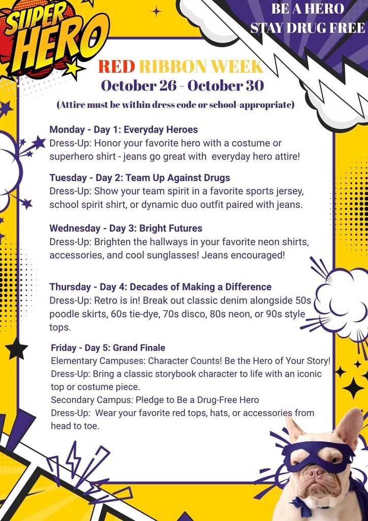 Get Ready to Dress Up, Bulldogs! 🎉 Everman ISD has two exciting districtwide spirit weeks coming up! Students and staff are invited to join the fun, show their Bulldog spirit, and participate in themed dress-up days throughout both weeks. 🏈 Homecoming Spirit Week | October 19–24 Get ready for a week packed with Bulldog pride, from Camo Day and Duo/Twin Day to Wild West Wednesday, Throwback Thursday, and Everman Forever Friday! ❤️ Red Ribbon Week | October 26–30 Be a Hero. Stay Drug Free. Join us for five themed days that encourage students to make positive, drug-free choices while having fun—from Everyday Heroes and Team Up Against Drugs to Bright Futures and Decades of Making a Difference. Red Ribbon Week 2026 (1) Two weeks. Two celebrations. One Bulldog Family! 💜💛 Check out the flyers for each day’s theme and start planning your outfits! All attire must follow district dress code guidelines and be school-appropriate. No toy or replica weapons are permitted. #GameOnBulldogs #EvermanISD #Homecoming2026 #RedRibbonWeek #BulldogPride