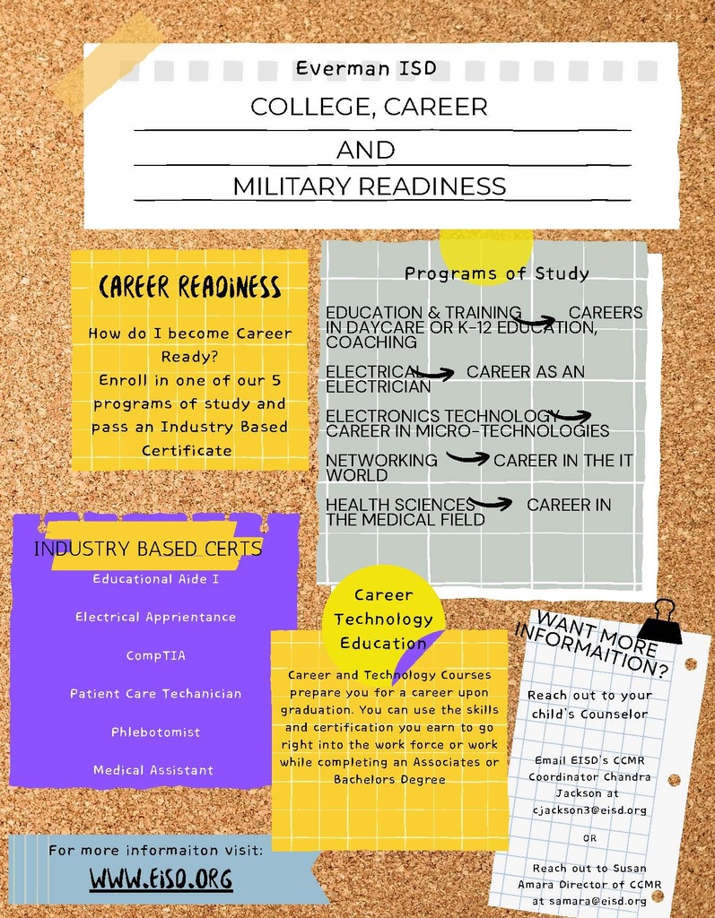 Is your student ready for what comes after high school? Everman ISD’s College, Career & Military Readiness (CCMR) programs help students turn their interests into real-world opportunities! Through our Career and Technology Education programs, students can explore career pathways, build valuable skills, and earn industry-based certifications before graduation. ⚡ Electrical 💻 Networking & Electronics Technology 🩺 Health Sciences 🍎 Education & Training From becoming an electrician or IT professional to pursuing a career in healthcare or education, the future starts now in Everman ISD! 📍 Learn more at www.eisd.org or contact your child’s counselor for information about available programs. 💜💛 Game On, Bulldogs—Get Future Ready! #EvermanISD #GameOnBulldogs #CCMR #CareerReady #CollegeCareerMilitaryReady #CTE #FutureReady