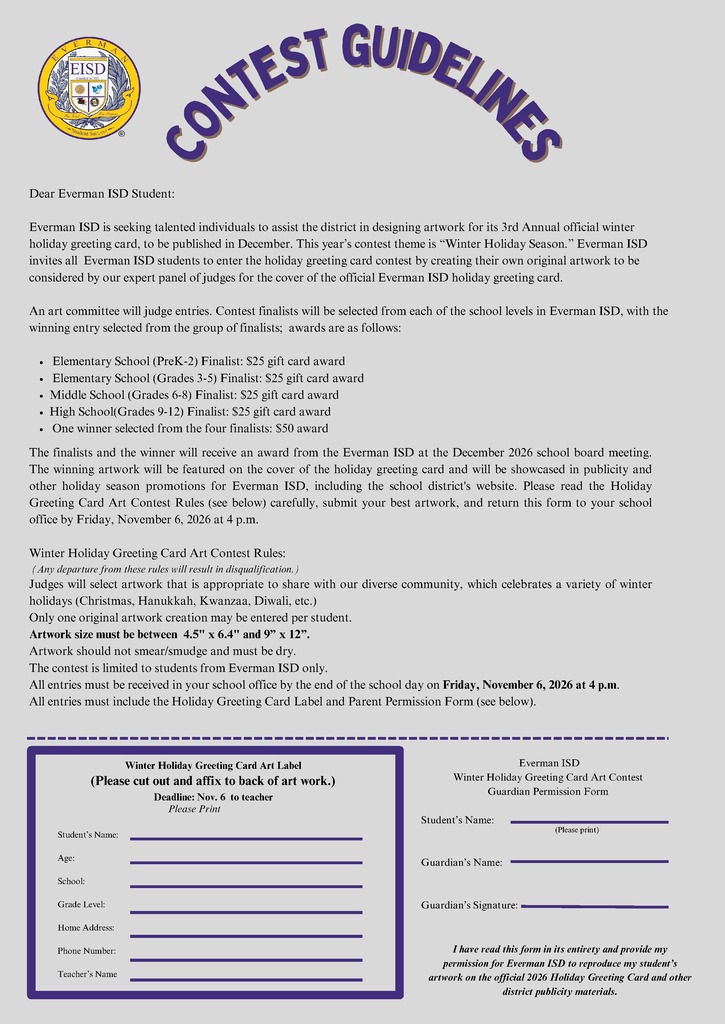 Calling All Everman ISD Student Artists! ❄️🎨 It's time to get creative! Everman ISD is excited to announce our 2nd Annual Winter Holiday Greeting Card Art Contest! 🎄✨ We are inviting students from Pre-K through 12th grade to showcase their artistic talents by creating an original design inspired by this year's theme: ❄️ "Winter Holiday Season" ❄️ 🏆 Prizes & Recognition: 🎨 Four grade-level finalists will each receive a $25 gift card! 🌟 One grand prize winner will receive a $50 gift card, have their artwork featured on the official Everman ISD holiday greeting card, and be recognized at the December Board of Trustees meeting! 📅 Submission Deadline: Friday, November 6, 2026, at 4:00 p.m. 📍 Submit your artwork, completed entry label, and parent permission form to your school office. 📋 Visit www.eisd.org for complete contest guidelines and entry forms. Let's see your creativity shine, Bulldogs! We can't wait to see the amazing artwork our students create! 💜💛 #EvermanISD #GameOnBulldogs #WinterHolidayArtContest #BulldogPride