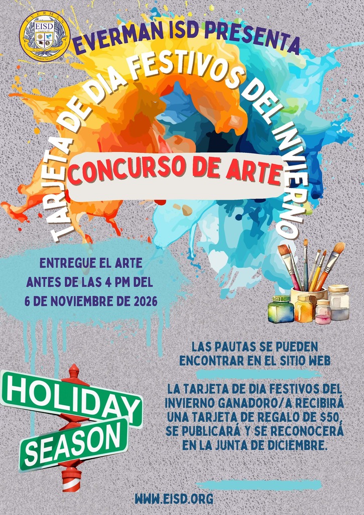 Calling All Everman ISD Student Artists! ❄️🎨 It's time to get creative! Everman ISD is excited to announce our 2nd Annual Winter Holiday Greeting Card Art Contest! 🎄✨ We are inviting students from Pre-K through 12th grade to showcase their artistic talents by creating an original design inspired by this year's theme: ❄️ "Winter Holiday Season" ❄️ 🏆 Prizes & Recognition: 🎨 Four grade-level finalists will each receive a $25 gift card! 🌟 One grand prize winner will receive a $50 gift card, have their artwork featured on the official Everman ISD holiday greeting card, and be recognized at the December Board of Trustees meeting! 📅 Submission Deadline: Friday, November 6, 2026, at 4:00 p.m. 📍 Submit your artwork, completed entry label, and parent permission form to your school office. 📋 Visit www.eisd.org for complete contest guidelines and entry forms. Let's see your creativity shine, Bulldogs! We can't wait to see the amazing artwork our students create! 💜💛 #EvermanISD #GameOnBulldogs #WinterHolidayArtContest #BulldogPride