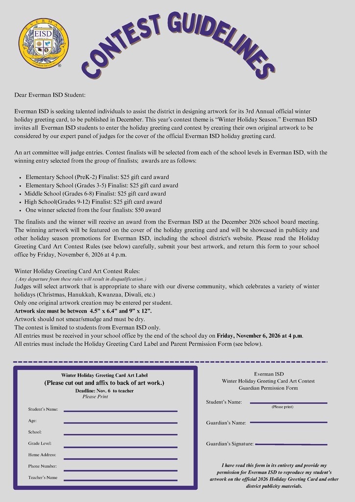 Calling All Everman ISD Student Artists! ❄️🎨  It's time to get creative! Everman ISD is excited to announce our 2nd Annual Winter Holiday Greeting Card Art Contest! 🎄✨  We are inviting students from Pre-K through 12th grade to showcase their artistic talents by creating an original design inspired by this year's theme:  ❄️ "Winter Holiday Season" ❄️  🏆 Prizes & Recognition: 🎨 Four grade-level finalists will each receive a $25 gift card!  🌟 One grand prize winner will receive a $50 gift card, have their artwork featured on the official Everman ISD holiday greeting card, and be recognized at the December Board of Trustees meeting!  📅 Submission Deadline: Friday, November 6, 2026, at 4:00 p.m.  📍 Submit your artwork, completed entry label, and parent permission form to your school office.  📋 Visit www.eisd.org for complete contest guidelines and entry forms.  Let's see your creativity shine, Bulldogs! We can't wait to see the amazing artwork our students create! 💜💛  #EvermanISD #GameOnBulldogs #WinterHolidayArtContest #BulldogPride 