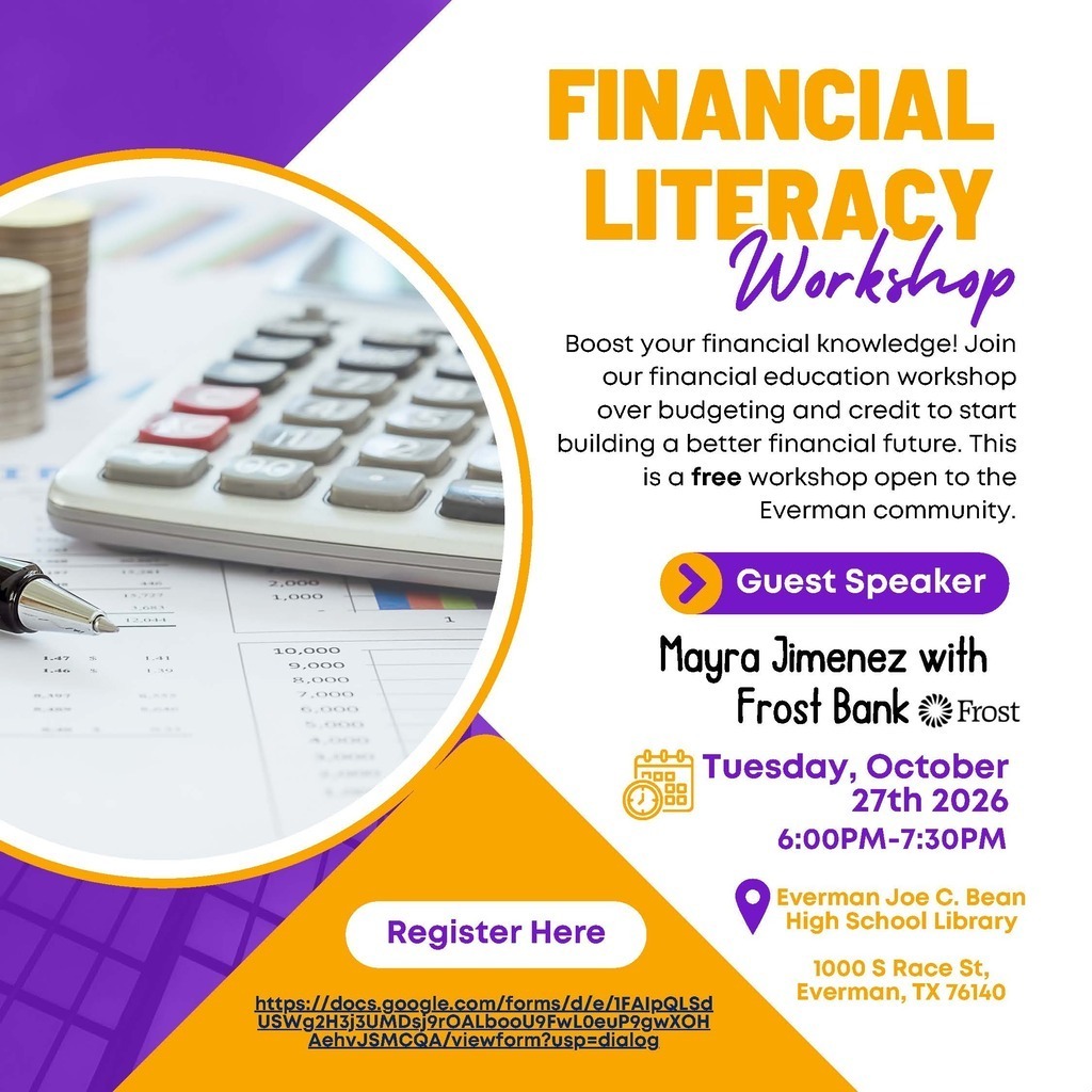 Join us for a free financial literacy workshop presented by Frost Bank at the High School Library on Thursday October 23, 2026 at 6:00pm. Please register for this free event using this link https://docs.google.com/forms/d/e/1FAIpQLScBLzh-cNPY9pF_XdbW35rtQy99ZBkMSysGBhd4qdfT0YV18w/viewform?usp=sharing&ouid=100530829710572189316