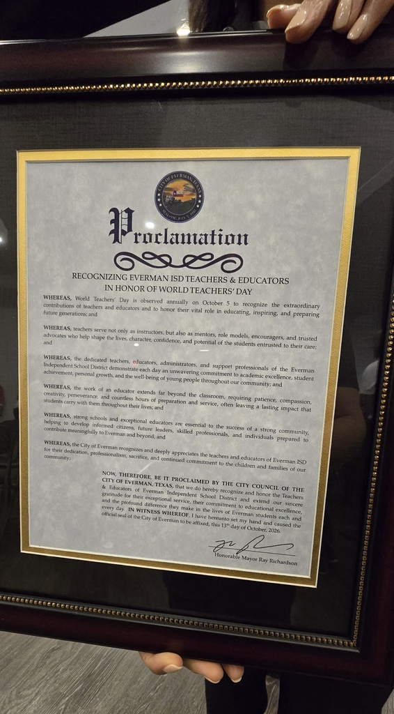 City of Everman teacher and staff aprreciation proclamation for World teacher's day
