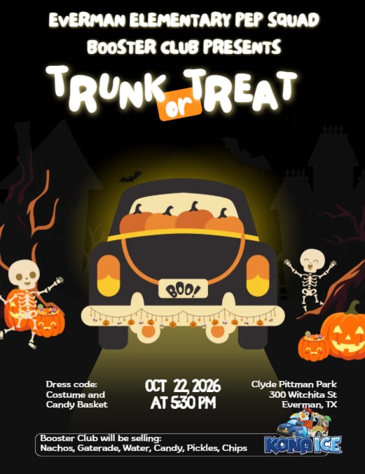 🎃 TRUNK OR TREAT 📅 Thursday, October 22, 2026 ⏰ 5:30 PM 📍 Clyde Pittman Park 👻 Dress in your favorite costume and bring your candy basket for an evening of treats, fun, and community spirit!  🌟 GLOW FOR OUR GIRLS – GLOW RUN 📅 Friday, October 30, 2026 ⏰ 6:00–8:00 PM 📍 Clyde Pittman Park 🏃‍♀️ Run, Glow, Support! 💲 $5 per person | Children under 3 FREE ✨ Glow sticks and optional event shirts will be available for purchase. Scan the QR code on the flyer to register!  🍧 Concessions and Kona Ice will be available at both events!