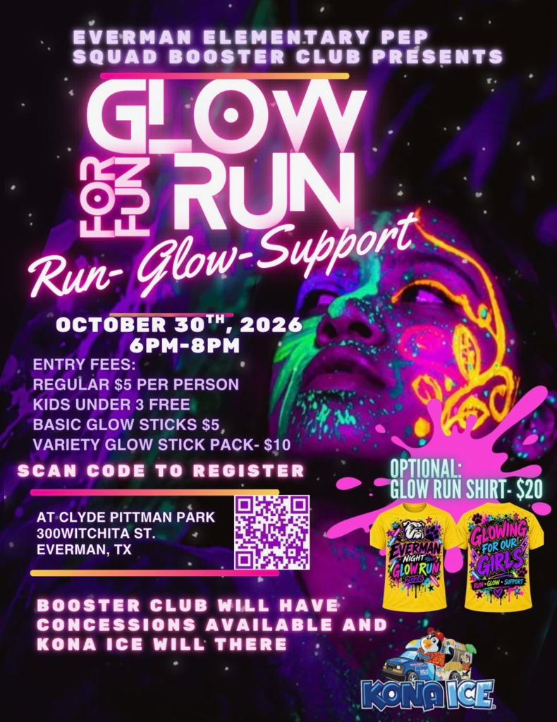 🎃 TRUNK OR TREAT 📅 Thursday, October 22, 2026 ⏰ 5:30 PM 📍 Clyde Pittman Park 👻 Dress in your favorite costume and bring your candy basket for an evening of treats, fun, and community spirit!  🌟 GLOW FOR OUR GIRLS – GLOW RUN 📅 Friday, October 30, 2026 ⏰ 6:00–8:00 PM 📍 Clyde Pittman Park 🏃‍♀️ Run, Glow, Support! 💲 $5 per person | Children under 3 FREE ✨ Glow sticks and optional event shirts will be available for purchase. Scan the QR code on the flyer to register!  🍧 Concessions and Kona Ice will be available at both events!