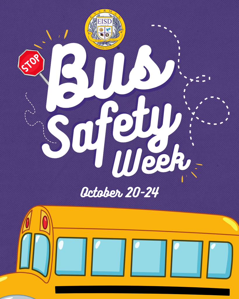 Bus Safety Week Oct 20-24. Yellow school bus on purple background with a stop sign.