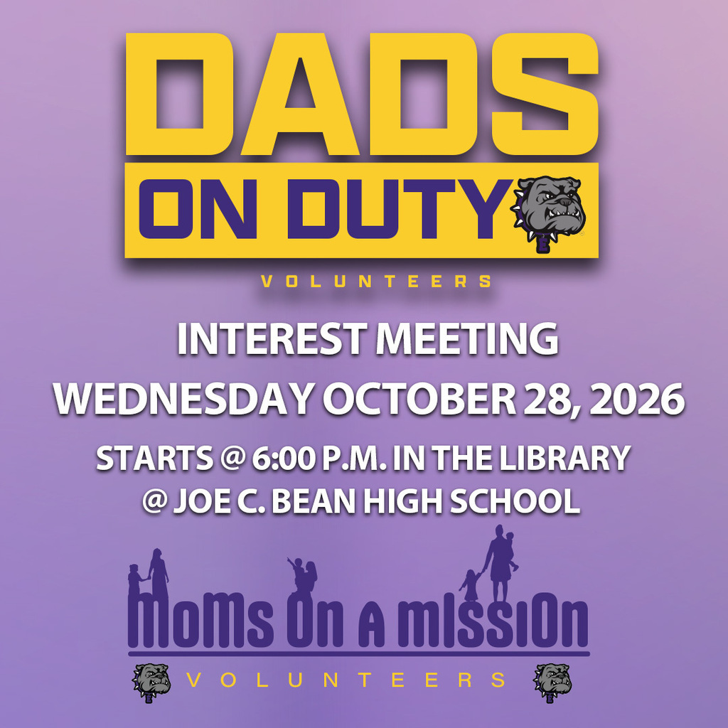 Purple background with white text. "Dads On Duty Volunteers" is at the top. "Interest Meeting" in yellow text.