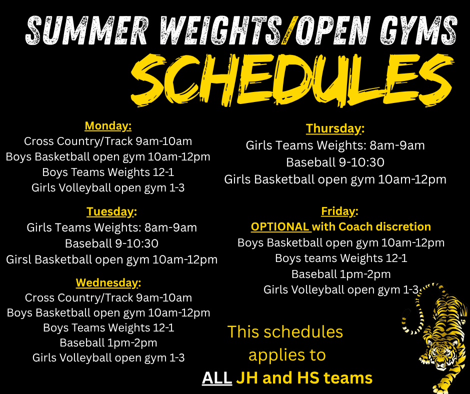 Weekly Sports Summer Weights and Open Gym Schedules