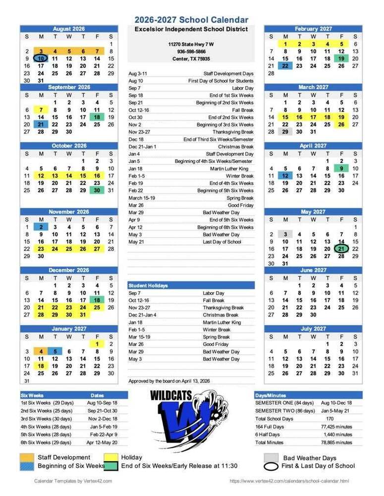 Excelsior ISD 2026 - 2027 School Calendar