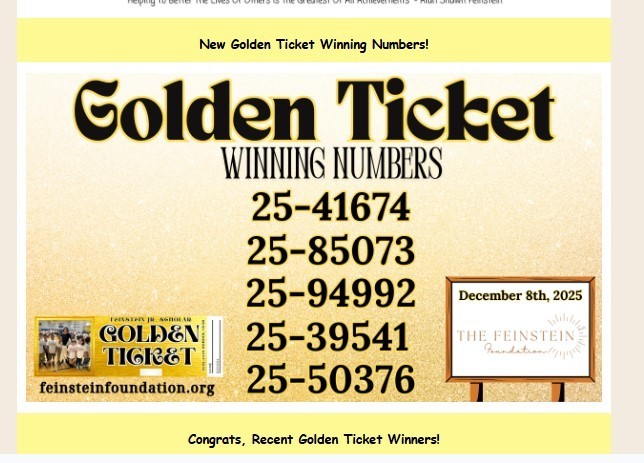 Feinstein Golden TIcket  Winning Numbers 