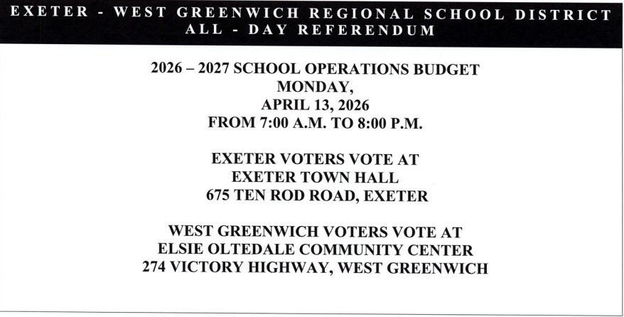 The EWG 2026-2027 School Operations Budget All-Day Referendum will take place on Monday, April 13, 2026  Please bring canned goods & pasta to restock the food banks in both towns.
