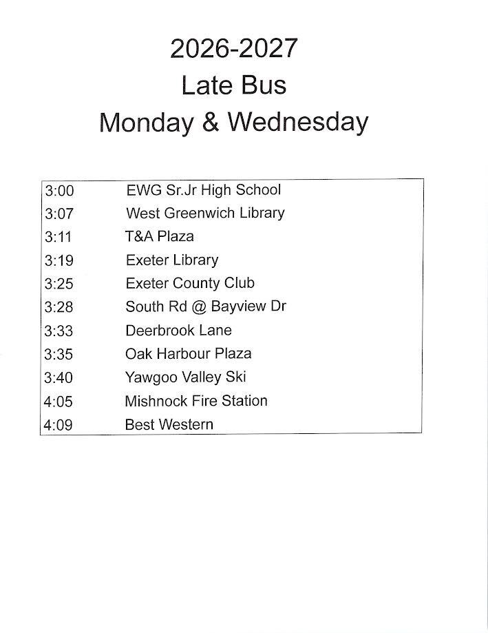 Monday-Wednesday Late Bus Schedule  
