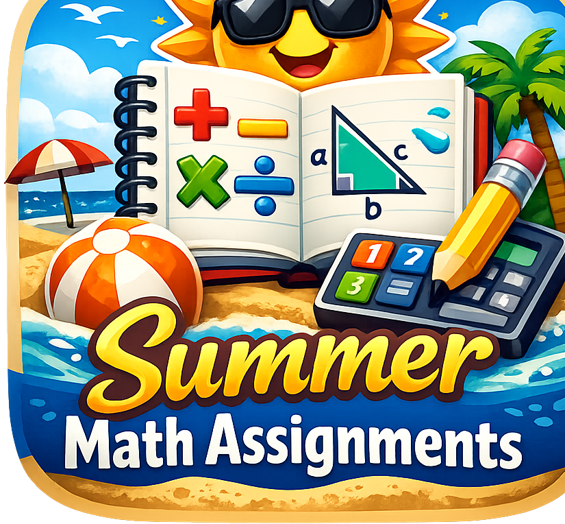 Textbook with math symbols and a right triangle on a beach in front of the sum